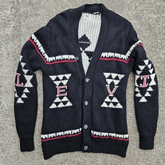 Levis Vintage Lettermans Black Knit Wool Cardigan Varsity Sweater Mens Med RARE - Picture 1 of 16